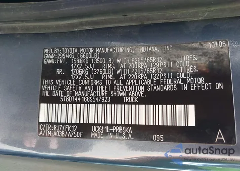 2006 Toyota Tundra Sr5 V8 из США, поврежденный, VIN 5TBDT44166S547923